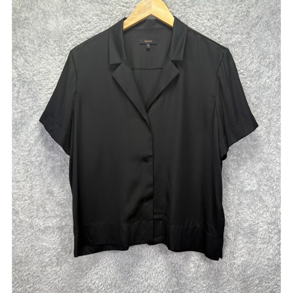 Quince Womens Large Black Washable Stretch Silk Short Sleeve Button Up Shirt